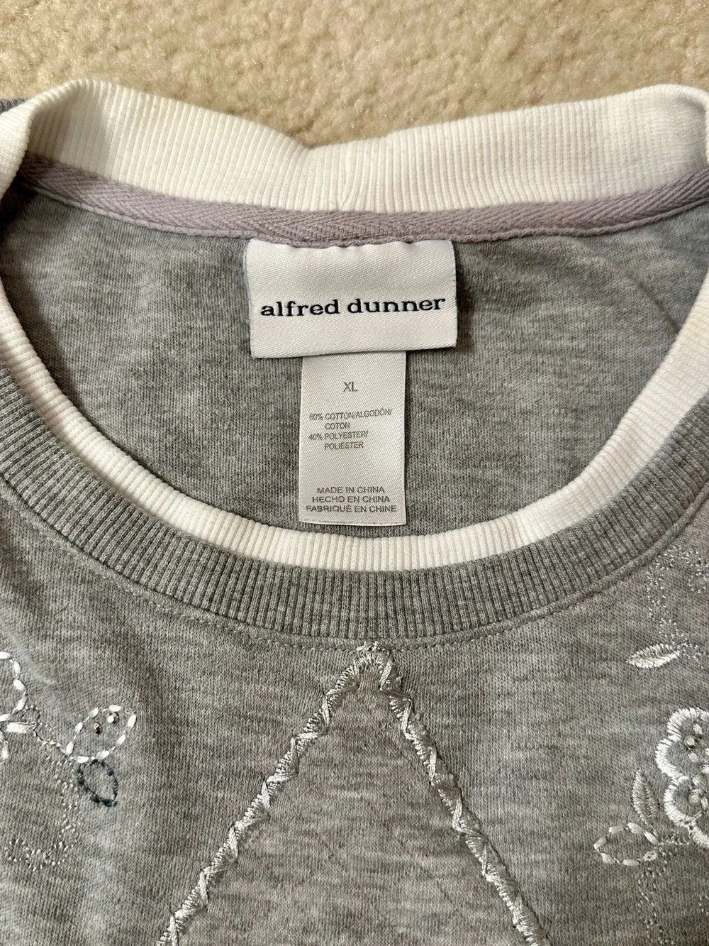 Alfred Dunner Light Gray Diamond-Quilt Embroidered Crewneck Sweater